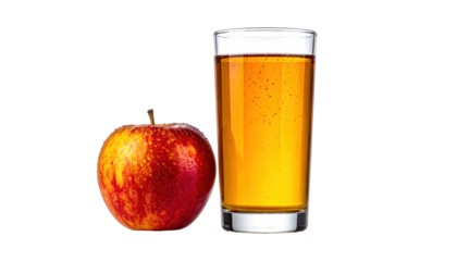 A crisp red apple and a tall glass of golden-colored juice, isolated on black