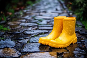 A cheerful pair of yellow boots shining with water on the garden path