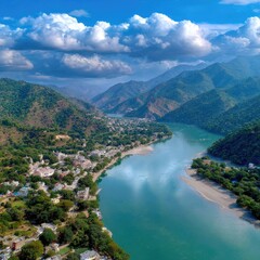 Serene Aerial View of a Tranquil River Flowing Through Lush Green Mountains and Scenic Landscape Under Blue Sky