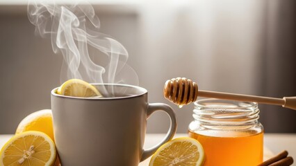 Steaming cup of lemon tea with honey on a table