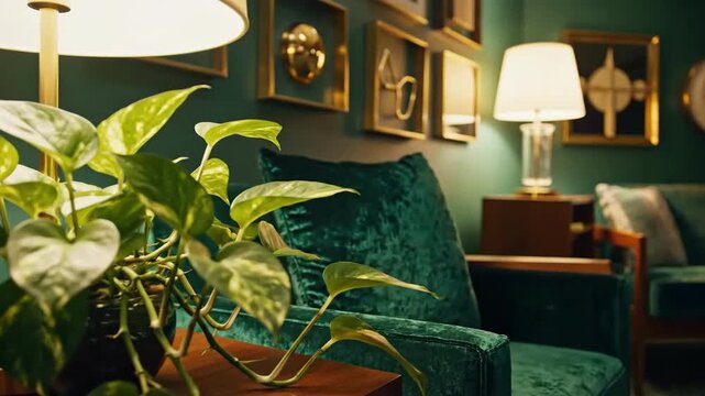 Exotic Golden Pothos Plant Displayed In An Opulent Art Deco Inspired Living Room