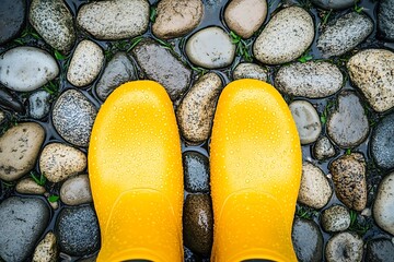 Yellow rubber boots glimmering after rain, placed on a garden trail