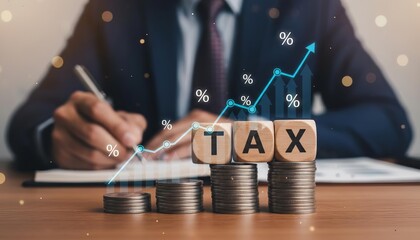 Concept of increasing tax rates, financial growth, and economic burden analysis with professional writing on accounting documents.