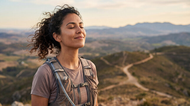Peaceful female trail runner enjoying the breeze on a mountain peak. Happy woman with hydration vest resting after a run in nature during golden hour, breathing fresh air.