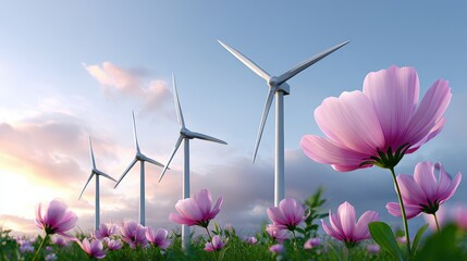 Wind turbines stand tall amidst vibrant pink flowers in a serene landscape, showcasing the harmony between renewable energy and nature's beauty in a sustainable environment