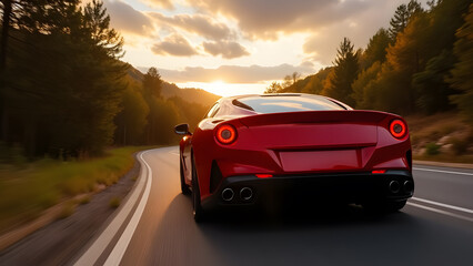 Vibrant Red Sports Car Speeding on a Scenic Winding Mountain Road at Sunset