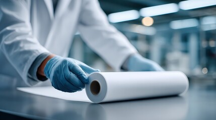Professional technician in white lab coat is unrolling a large roll of blank paper on a clean workspace, showcasing precision and attention to detail in a modern laboratory environment