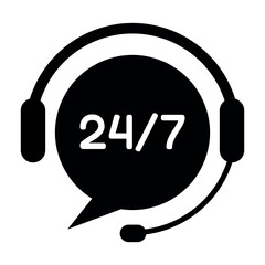 24 7 Customer Support Chat Icon with Headset and Speech Bubble Isolated. Minimal Black Help Desk Assistance Service Symbol for Business Websites Apps UI UX and Call Center Design