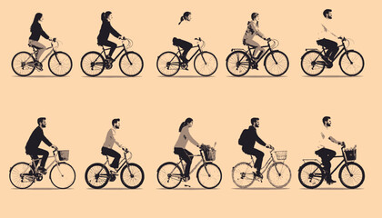 Obraz premium A collection of cyclists of various genders and styles riding bikes on a solid tan background