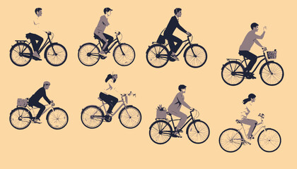 Obraz premium Illustration of diverse individuals cycling. Each is depicted in silhouette with a monochromatic palette