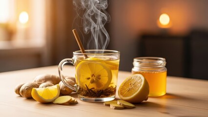Steaming ginger tea with lemon and honey on a wooden table