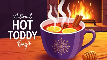 Steaming mug of hot toddy with lemon and cinnamon by the fireplace