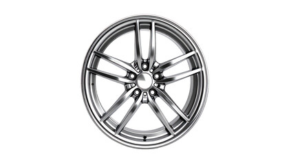 Glossy, metallic car wheel with multiple spokes on a pitch-black background