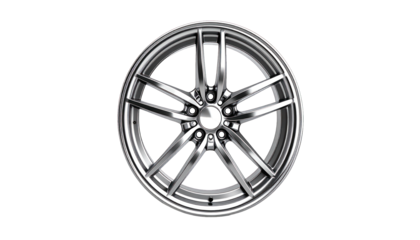 Glossy, metallic car wheel with multiple spokes on a pitch-black background