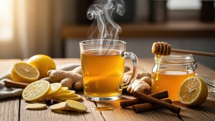 Steaming cup of tea with lemon, ginger, honey, and cinnamon on a wooden table