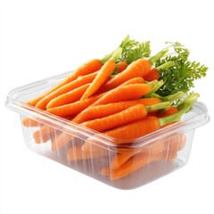 Fresh and Crisp Carrots Gathered in Clear Plastic Container on White Background