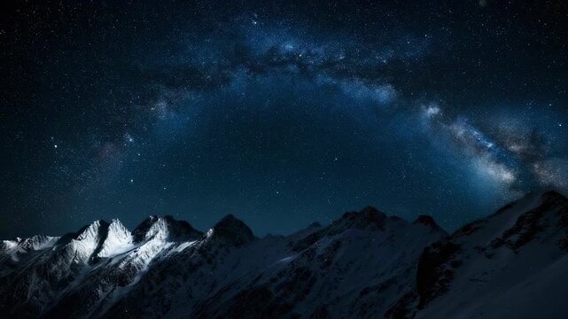 雪山の静寂な夜空に広がる満天の星と天の川の動画