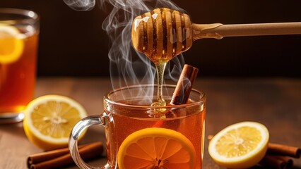 Steaming mug of tea with honey, lemon and cinnamon on wooden table