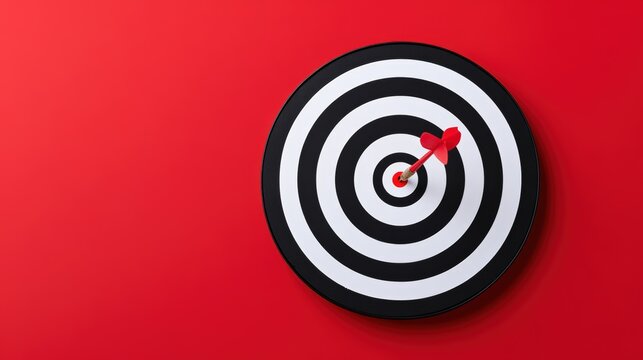 Circular dartboard with black and white concentric circles, featuring a red dart embedded in the center, symbolizing precision and focus in achieving goals and targets