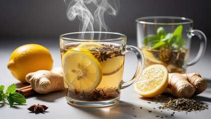 Steaming glass of lemon ginger tea with herbs on a gray surface