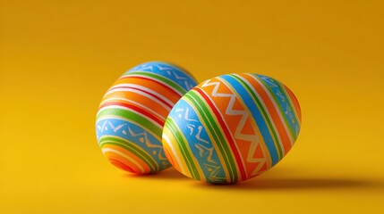 Colorful decorated eggs with intricate patterns resting on a vibrant yellow background, symbolizing festive celebrations and seasonal traditions, perfect for holiday-themed designs