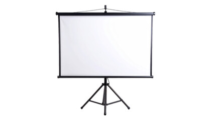 White rectangular screen mounted on a black tripod, ready for a presentation