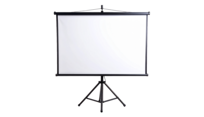 White rectangular screen mounted on a black tripod, ready for a presentation