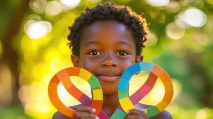 sunlit child with curly hair holding colorful interlocking ring toys outdoors, playful joyful mood