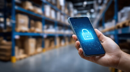 Hand holding smartphone with digital lock icon in warehouse aisle showing secure mobile access and data protection