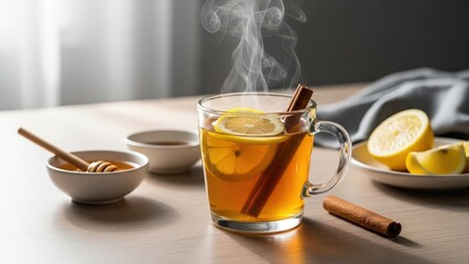 Steaming hot tea with lemon and cinnamon on wooden table