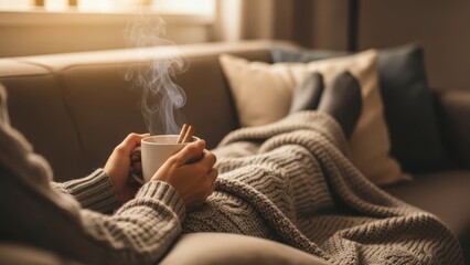 Person relaxing on a couch with a steaming mug of hot beverage