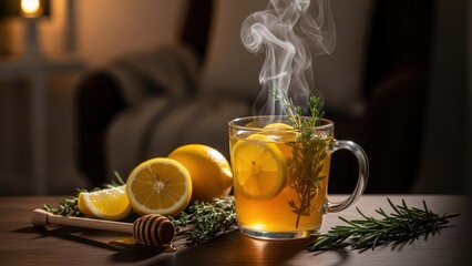 Steaming herbal tea with lemon and rosemary on a wooden table