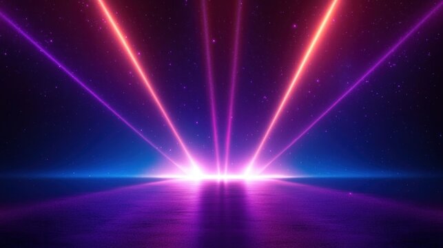 Vibrant neon laser beams rise from a glowing horizon over calm reflective water beneath a starry purple and blue sky, evoking futuristic awe and serene wonder - Powered by Adobe