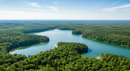 Expansive aerial view captures winding lake nestled within dense, vibrant green forest canopy under clear blue sky