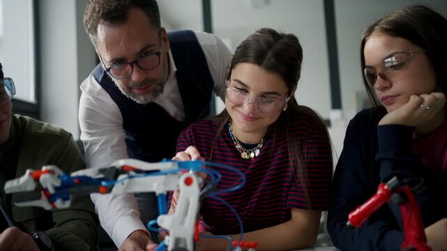 High school students working on robotics project with their teacher.
