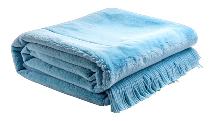 Folded soft blue blanket with a fringed edge, stacked on top of each other