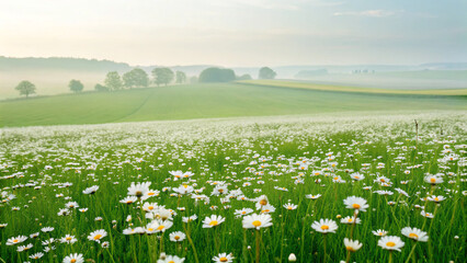 Daisy flowers bloom in a green field near a misty landscape in the early morning light