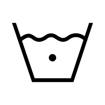 Wash in cold water. Delicate or cold cycle. Clothing marking. Warning symbol. A basin of water with one dot inside. Information about safe washing temperatures on the clothing label.