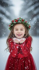 Young Girl in Red Dress with Floral Crown.