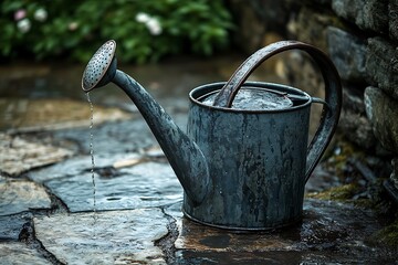 A rustic watering can positioned on a stone slab surrounded by greenery