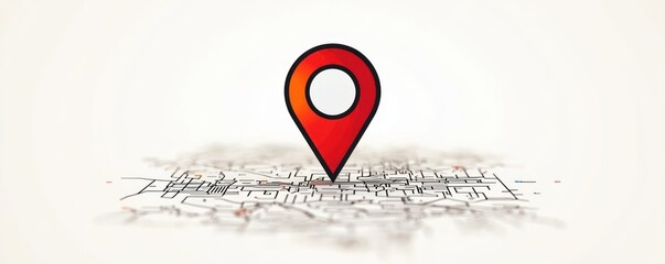 bright red-orange location pin hovering over a blurred black and white city map, evoking focus, discovery and guidance