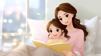 Heartwarming Illustration of Mother and Daughter Enjoying Storytime Together in Cozy Bedroom Setting