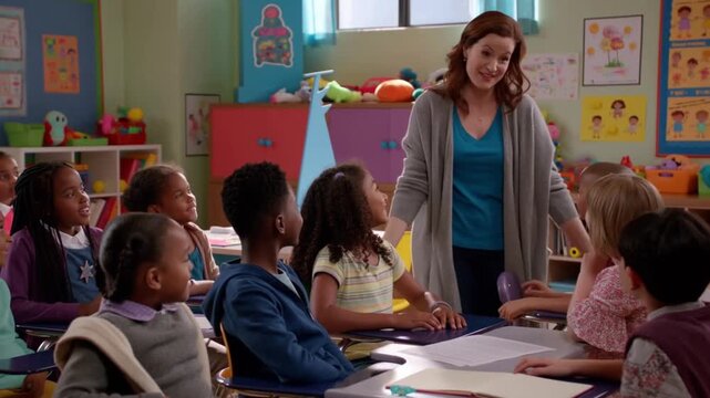 A teacher interacting with a diverse group of young students in a classroom Stock Video