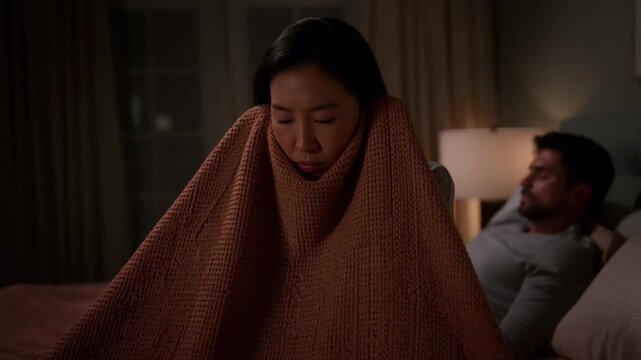 A woman wrapped in a blanket in a warm bedroom, feeling a bit down while a man is in the background supporting her Stock Video
