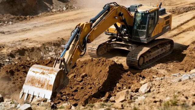 Backhoe loader scooping and moving earth on rough terrain balancing efficiency and precision in site clearing operations.