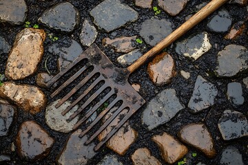 A rustic garden rake placed on a stone path in the garden