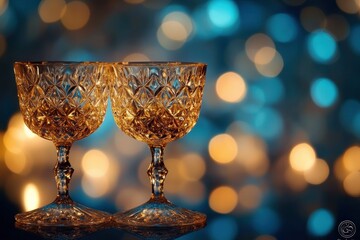Two ornate cut crystal goblets on a reflective surface bathed in warm golden light with blue bokeh lights in the background, evoking an intimate festive mood
