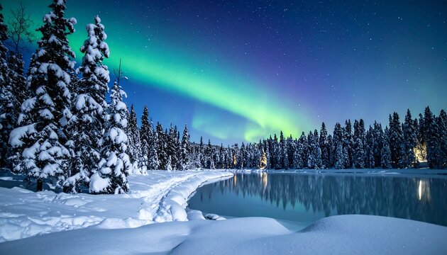 Magical Christmas night scene, aurora borealis dancing above snowy pine trees, serene winter atmosphere - Powered by Adobe