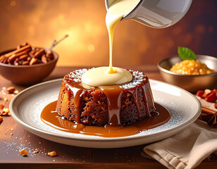 Pouring cream over sticky toffee pudding, warm cozy look 949642.jpg