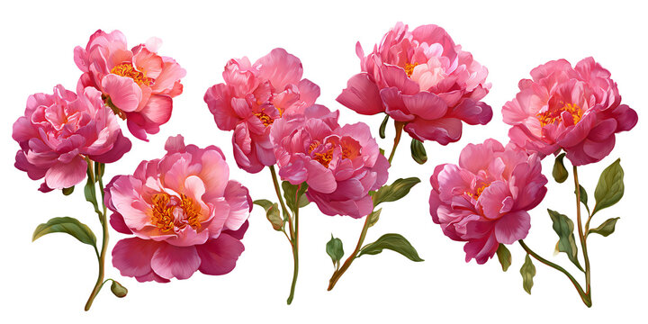 Vibrant pink peonies in full bloom, delicate petals and lush green leaves, isolated on black background Concept of spring, beauty, and nature